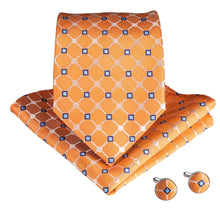 silk mens plaid blue orange tie and pocket square cufflinks set