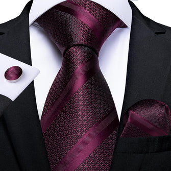 Wine Red Striped Men's Tie Handkerchief Cufflinks Set (1932440698922)