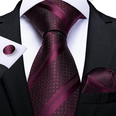 Deep Purplish Red Striped Men's Tie Handkerchief Cufflinks Set (4619047075921)