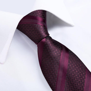 Deep Purplish Red Striped Men's Tie Handkerchief Cufflinks Set (4619047075921)