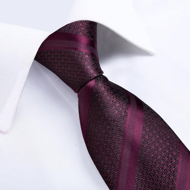 Wine Red Striped Silk Men's Necktie Handkerchief Cufflinks Set With Lapel Pin Brooch Set (4666063945809)