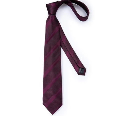 Wine Red Striped Silk Men's Necktie Handkerchief Cufflinks Set With Lapel Pin Brooch Set (4666063945809)