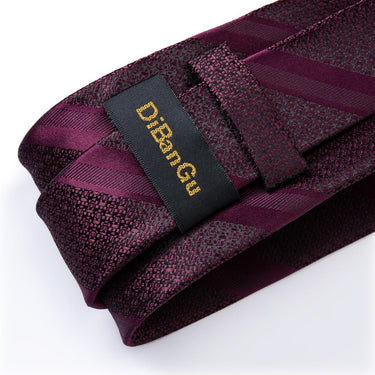 Deep Purplish Red Striped Men's Tie Handkerchief Cufflinks Set (4619047075921)