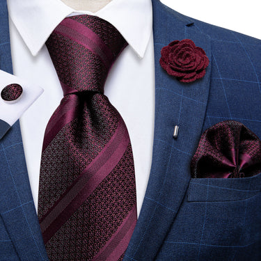 Wine Red Striped Silk Men's Necktie Handkerchief Cufflinks Set With Lapel Pin Brooch Set (4666063945809)