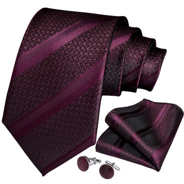 Burgundy Striped Men's Tie Handkerchief Cufflinks Clip Set (4297714532433)