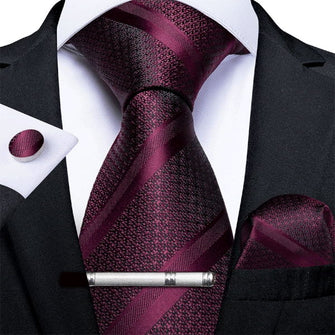 Burgundy Striped Men's Tie Handkerchief Cufflinks Clip Set (4297714532433)
