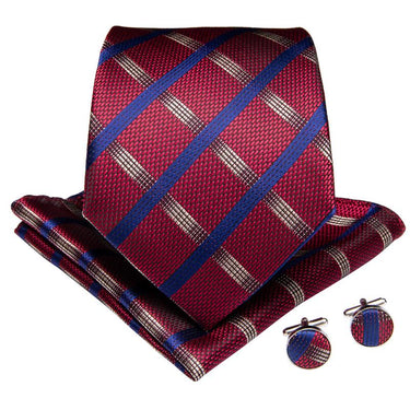 Red Blue Plaid Men's Tie Handkerchief Cufflinks Set (1952460668970)