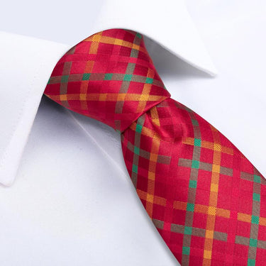 Red Yellow Plaid Men's Tie Handkerchief Cufflinks Set (1963524587562)