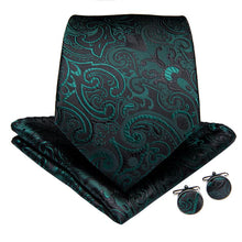 Black Green Floral  Men's Tie Handkerchief Cufflinks Set (1963459149866)