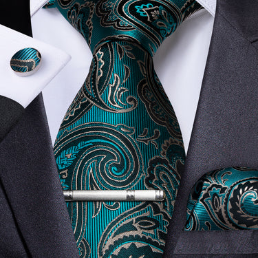 Green Black Paisley Men's Tie Handkerchief Cufflinks Clip Set (4690600362065)