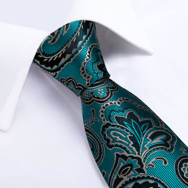 Green Black Paisley Men's Tie Handkerchief Cufflinks Clip Set (4690600362065)