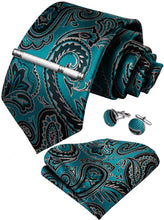 Green Black Paisley Men's Tie Handkerchief Cufflinks Clip Set (4690600362065)