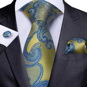 Yellow Blue Paisley Men's Tie Handkerchief Cufflinks Set (1952465059882)