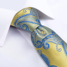 Yellow Blue Paisley Men's Tie Handkerchief Cufflinks Set (1952465059882)