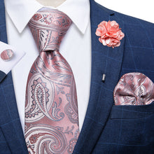 Pink Paisley Tie Men's Silk Necktie Handkerchief Cufflinks Set With Lapel Pin Brooch Set