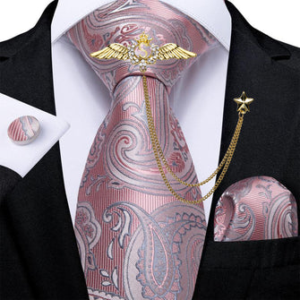 Pink Grey Paisley Tie Handkerchief Cufflinks Set With Wing Lapel Pin Set