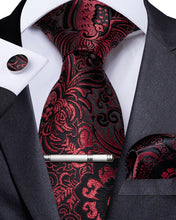 Burgundy Black Floral Men's Tie Handkerchief Cufflinks Clip Set (4690602197073)