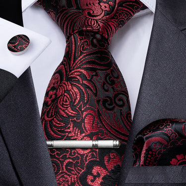 Burgundy Black Floral Men's Tie Handkerchief Cufflinks Clip Set (4690602197073)