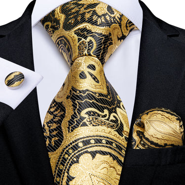 Yellow Black Floral Men's Tie Handkerchief Cufflinks Set