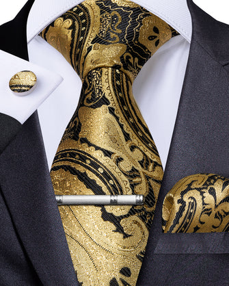 Yellow Black Paisley Men's Tie Handkerchief Cufflinks Clip Set (4690604720209)