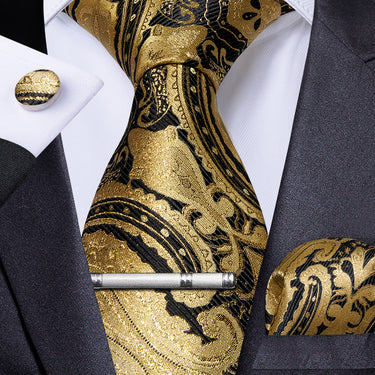Yellow Black Paisley Men's Tie Handkerchief Cufflinks Clip Set (4690604720209)