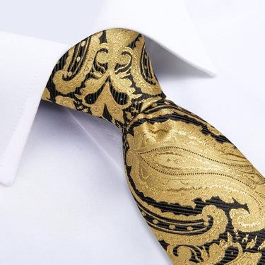 Yellow Black Floral Men's Tie Handkerchief Cufflinks Set (1963449417770)