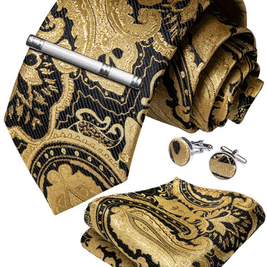 Yellow Black Paisley Men's Tie Handkerchief Cufflinks Clip Set (4690604720209)