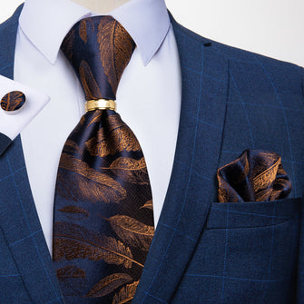 Blue Brown Feather Floral Tie Set with Mens Silk Tie Ring