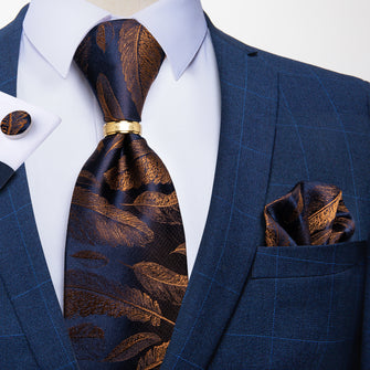 4PCS Blue Brown Feather Novelty Men's Silk Tie Pocket Square Cufflinks with Tie Ring Set