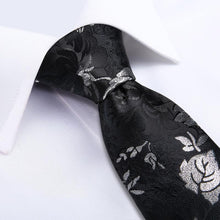 Black Grey Leaf Floral Men's Tie Handkerchief Cufflinks Set (1965325778986)