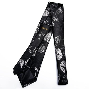 Black Grey Leaf Floral Men's Tie Handkerchief Cufflinks Set (1965325778986)