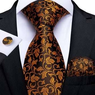 Gold Black Floral Men's Tie Handkerchief Cufflinks Set (1965331611690)