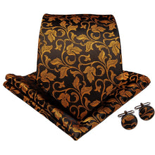 Gold Black Floral Men's Tie Handkerchief Cufflinks Set (1965331611690)