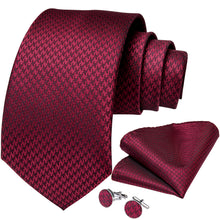 Red Houndstooth Plaid  Men's Tie Handkerchief Cufflinks Set (1965652639786)