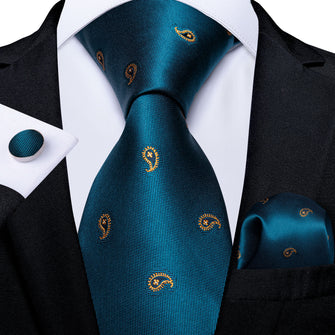 Navy Blue Yellow Paisley Men's Tie Handkerchief Cufflinks Set (1965750026282)