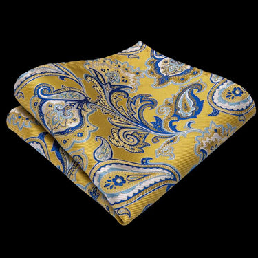 Yellow Blue Paisley Floral Men's Tie Handkerchief Cufflinks Set (1965758251050)