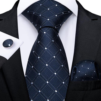 Blue White Plaid Tie Handkerchief Cufflinks Set (1965762936874)