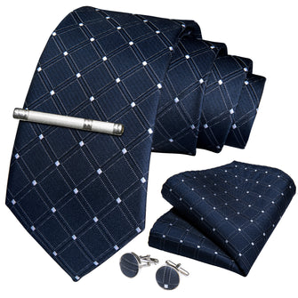 Blue Plaid Men's Tie Handkerchief Cufflinks Clip Set (4690609438801)