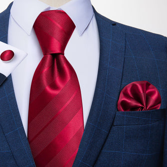 New Red Striped Tie Handkerchief Cufflinks Set (4601269223505)