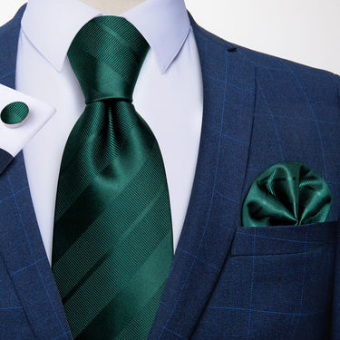 Blackish Green Striped Men's Tie Handkerchief Cufflinks Set (1967840591914)