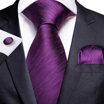 Purple Striped Men's Tie Handkerchief Cufflinks Set 