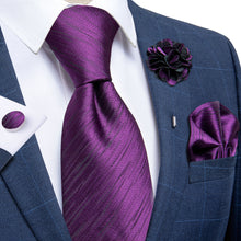 Purple Solid Silk Men's Necktie Handkerchief Cufflinks Set With Lapel Pin Brooch Set (4666068041809)