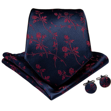 Blue Red Floral Men's Tie Handkerchief Cufflinks Set (1967887843370)