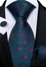 Blue Red Floral Tie Pocket Square Cufflinks Set