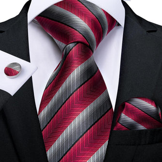 New Red Grey Stripe Tie Handkerchief Cufflinks Set (4601274761297)