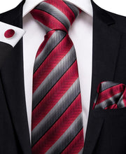 New Red Grey Stripe Tie Handkerchief Cufflinks Set (4601274761297)