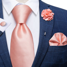 Solid Coral  Men's Necktie Handkerchief Cufflinks Set With Lapel Pin Brooch Set