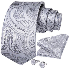 New Silvery White Paisley Tie Handkerchief Cufflinks Set (4601298059345)