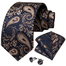 Silk Tie Brown Blue Paisley Tie Mens wedding Tie handkerchief cufflinks Set