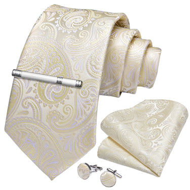 White Paisley Men's Tie Handkerchief Cufflinks Clip Set (4690613665873)